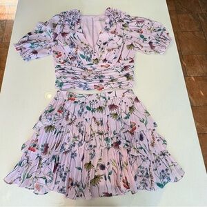 Revolve AMUR 2 Piece Top & Skirt Lavender Floral Tiered Skirt Rushed Top